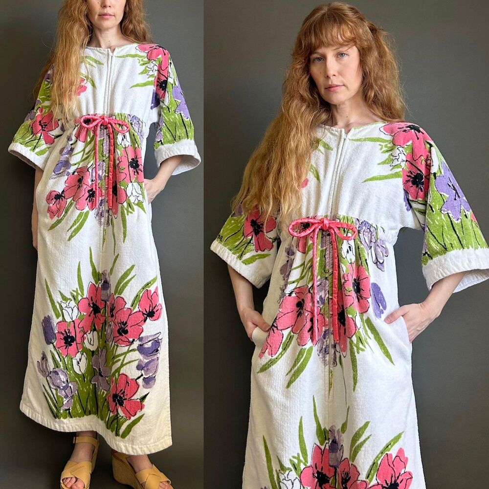 Vintage 1960s Vera Neumann Floral Terrycloth Caftan Maxi Dress, Medium Large